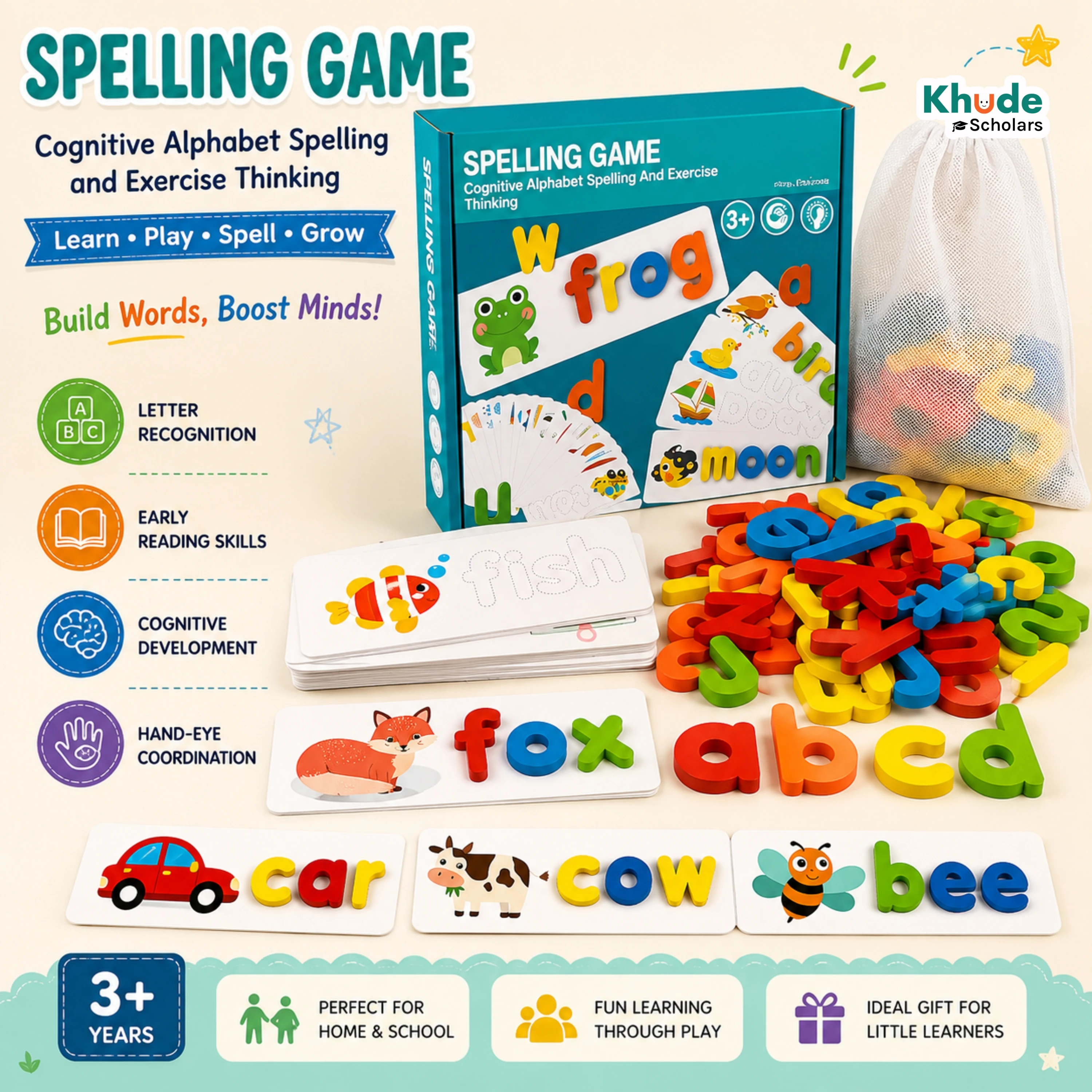 Montessori See & Spell Learning Game | Wooden Word Spelling Puzzle for Kids (3+ Years)
