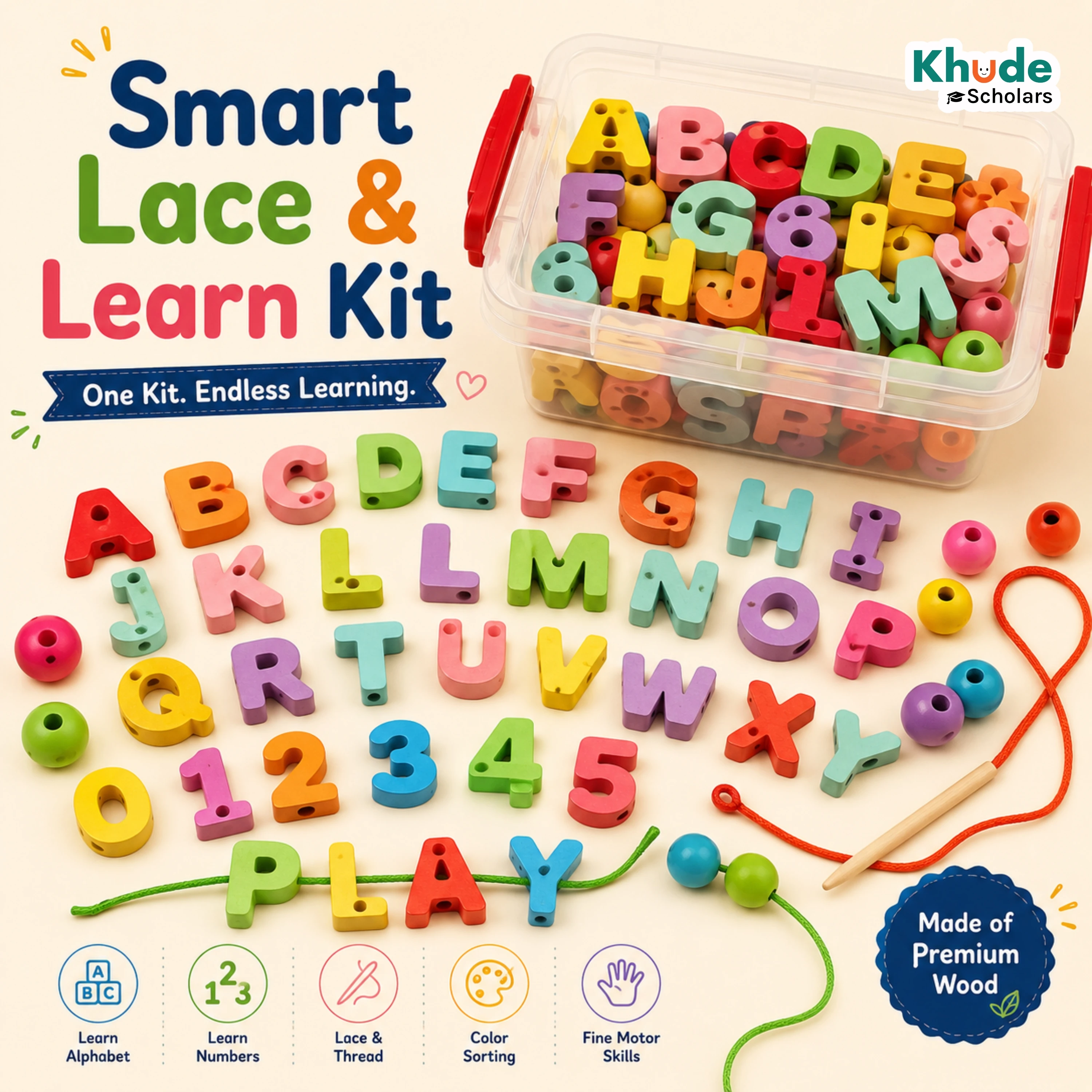 Montessori Smart Lace & Learn Kit | Wooden Alphabet & Number Lacing Toy (3+ Years)