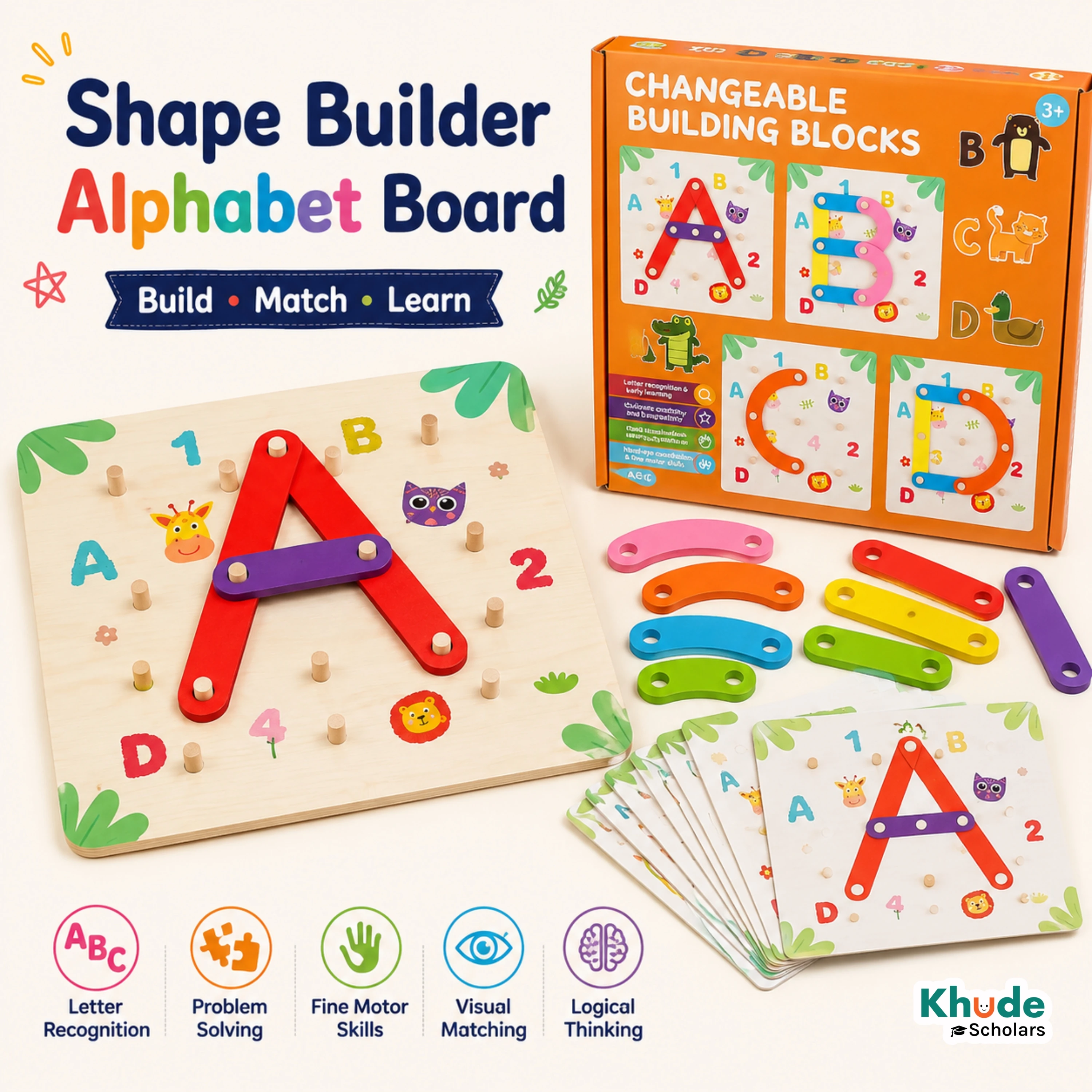 Montessori Shape Builder Alphabet Board | Wooden Letter & Creative Learning Toy (3+ Years)