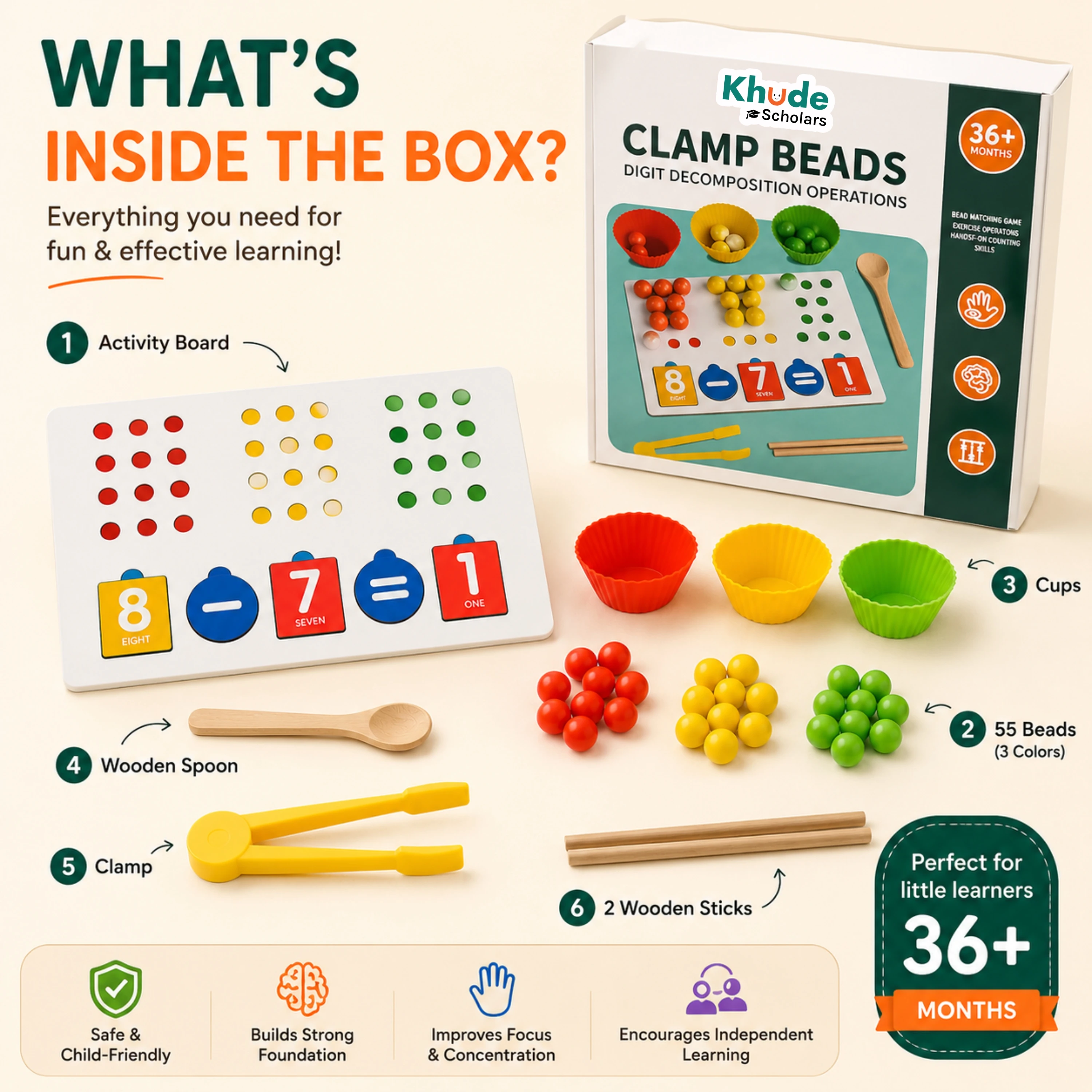 Bead Digit Decomposition Wooden Math Board | Wooden Math Learning Toy for Kids (3+ Years)