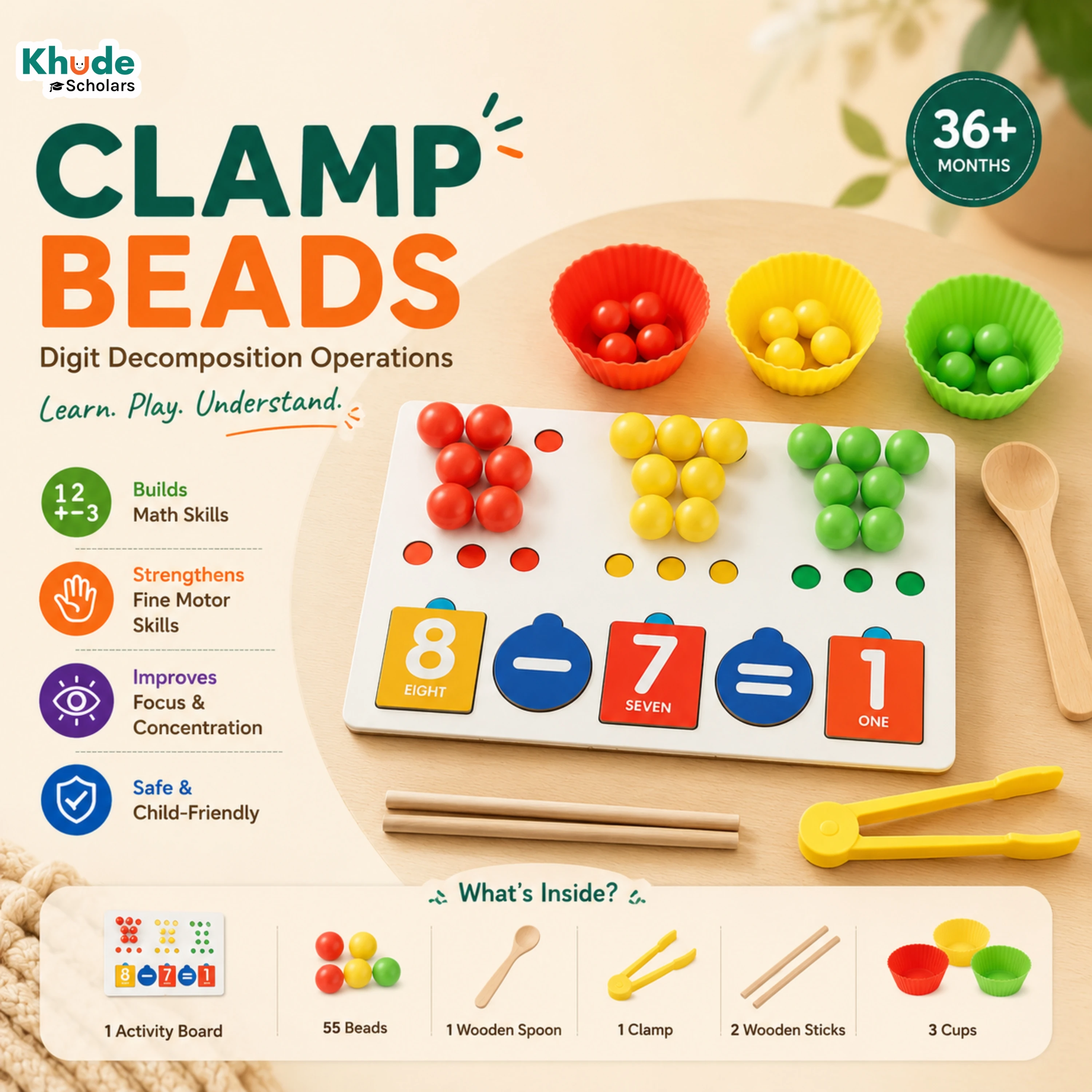 Bead Digit Decomposition Wooden Math Board | Wooden Math Learning Toy for Kids (3+ Years)